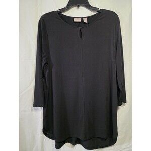 Chico's Women Tunic Blouse Size 2 Black Keyhole 3/4 Sleeve Polyester Knit